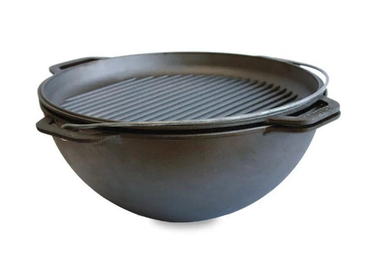Asian Cast Iron Wok Pot 8L with Grill Lid, Authentic Cast Iron Wok Pot with Grill Lid 2-in-1, Cooking Pot Set with Grill Lid for Frying