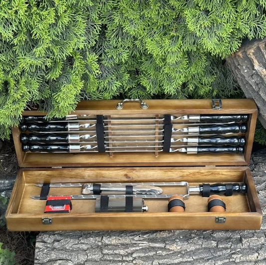 Men's High Quality Grill Gift Set Portable BBQ Accessories in Handmade Wooden Case 8 Stainless Steel Skewers Gift for Him