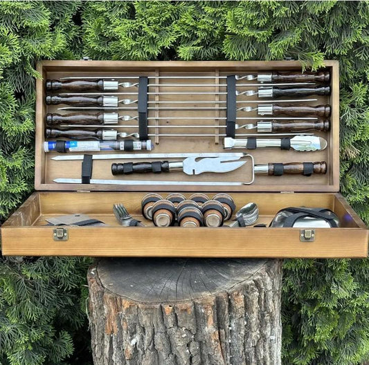 Luxury BBQ Skewers Gift Set with 30+ Tools, Grill Tool Set: 8pcs Skewers, Plates, Tongs, Thermometer in High Quality Wooden Case, Gift Idea for Man