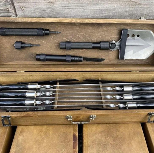 Luxury BBQ Tool Set in Wooden Case 6 Pieces Skewers with Wooden Handles Skewer Stands for Grill Without Barbecue Gift Idea for Him