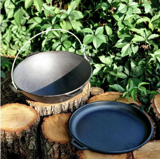 Outdoor Cooking Set - Kazan with Frying Pan, 15L Fishing or Hunting Pot, 2-in-1 Cast Iron Cauldron with Frying Pan, Men's Gift
