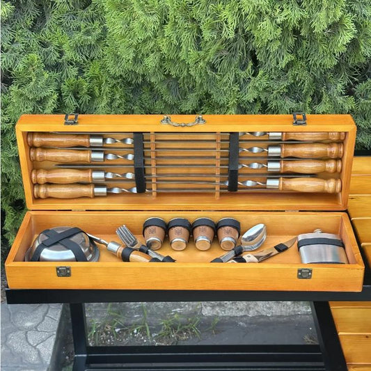 Luxury BBQ Skewers Gift Set - 8 Skewers, Hunting Knife, Flask, Plates & Cutlery in a Premium Wooden Case, Quality Gift for Grill Lovers