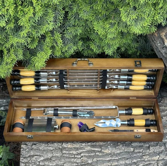 BBQ Skewers Set with Wooden Handles, BBQ Cooking Set, Grill Skewers Set, Hunter Grill Tools, Retirement Gift Ideas for Men